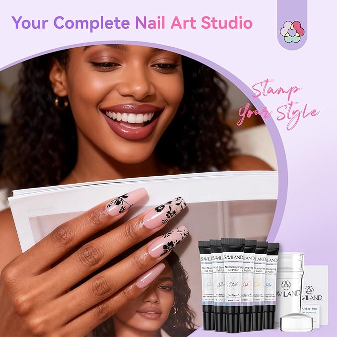 SAVILAND Nail Stamping Gel Polish Kit: 6 Colors Nail Stamping Polish Gel with French Tip Tool Silicone Stamp 8ML Stamper Polishs Gels Painting Gels Nails Kit for DIY Nails Art Design