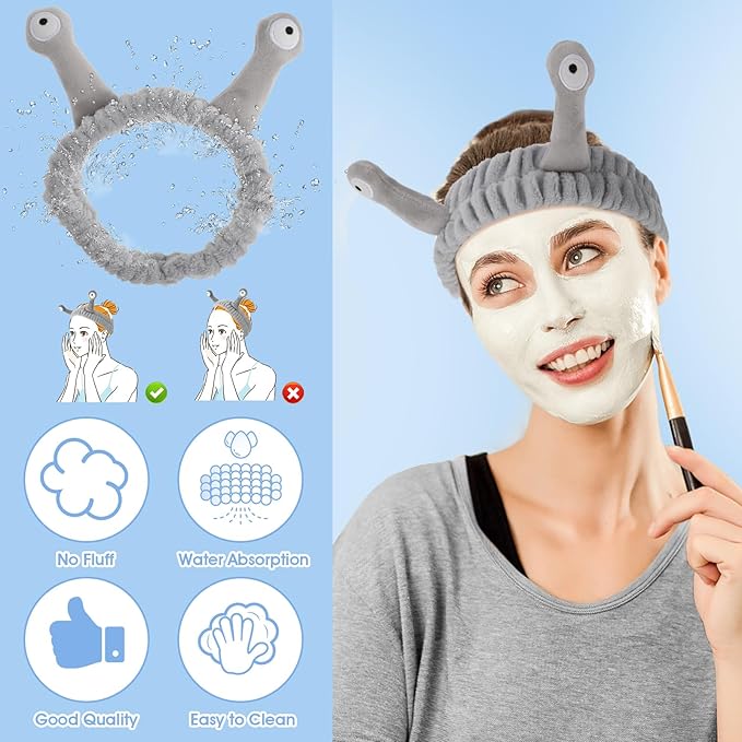 Snail Headband for Face Washing, Spa Makeup, Sports - Cute Coral Fleece Elastic Headband with Creative Hair Accessories
