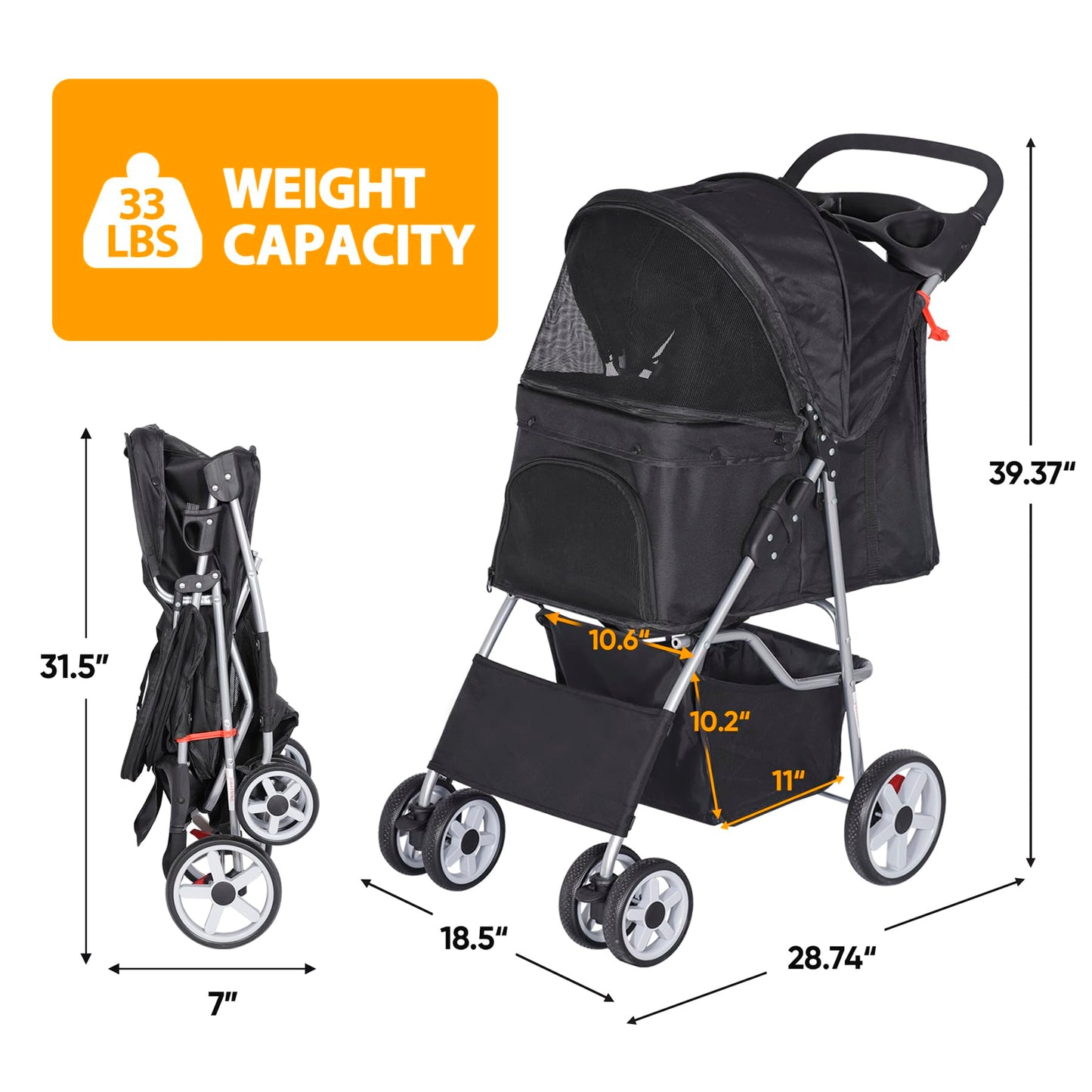Epetlover Pet Stroller for Dogs, Black 4 Wheels Cat Strolling Cart Foldable Travel Carrier, Waterproof Puppy Jogger Stroller with Storage Basket & Cup Holder