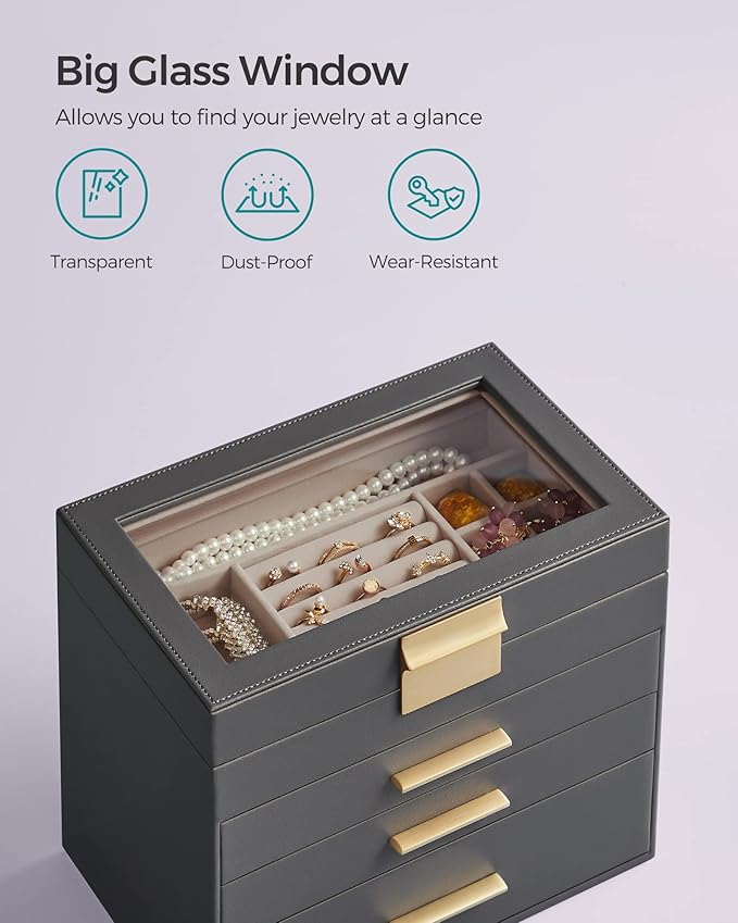 SONGMICS GISELLA Collection - Jewelry Box Organizer, 4-Layer Jewelry Storage with 3 Drawers, Shiny Metal Hardware, Glass Lid, Modern, 6 x 9.9 x 8.5 Inches, Gray and Gold Color UJBC161C01