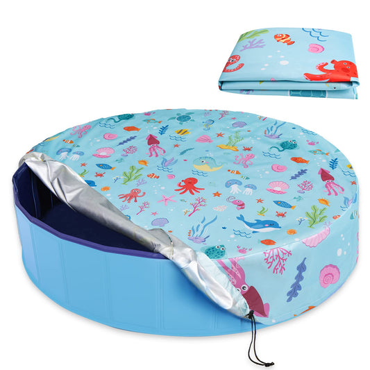 Docuwee Round Pool Cover 63"(5 Ft), Foldable Kiddie Solar Cover Fit Dog Swimming Pool, Pets Kids Bath Tub, Anti-UV Dustproof Safety Pool Cover with Cute Ocean Animals Pattern