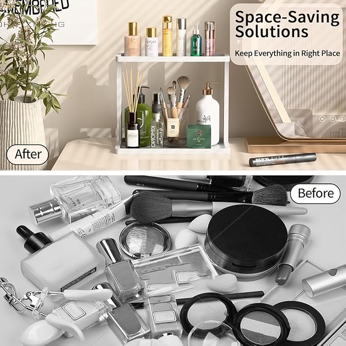PEKER Bamboo Bathroom Organizer Countertop Ã¢ÂÂ Small Vanity Storage Shelf for Makeup, Perfume, Skincare Ã¢ÂÂ Natural Cosmetics Display Rack for Dresser, Sink, Kitchen Ã¢ÂÂWhite
