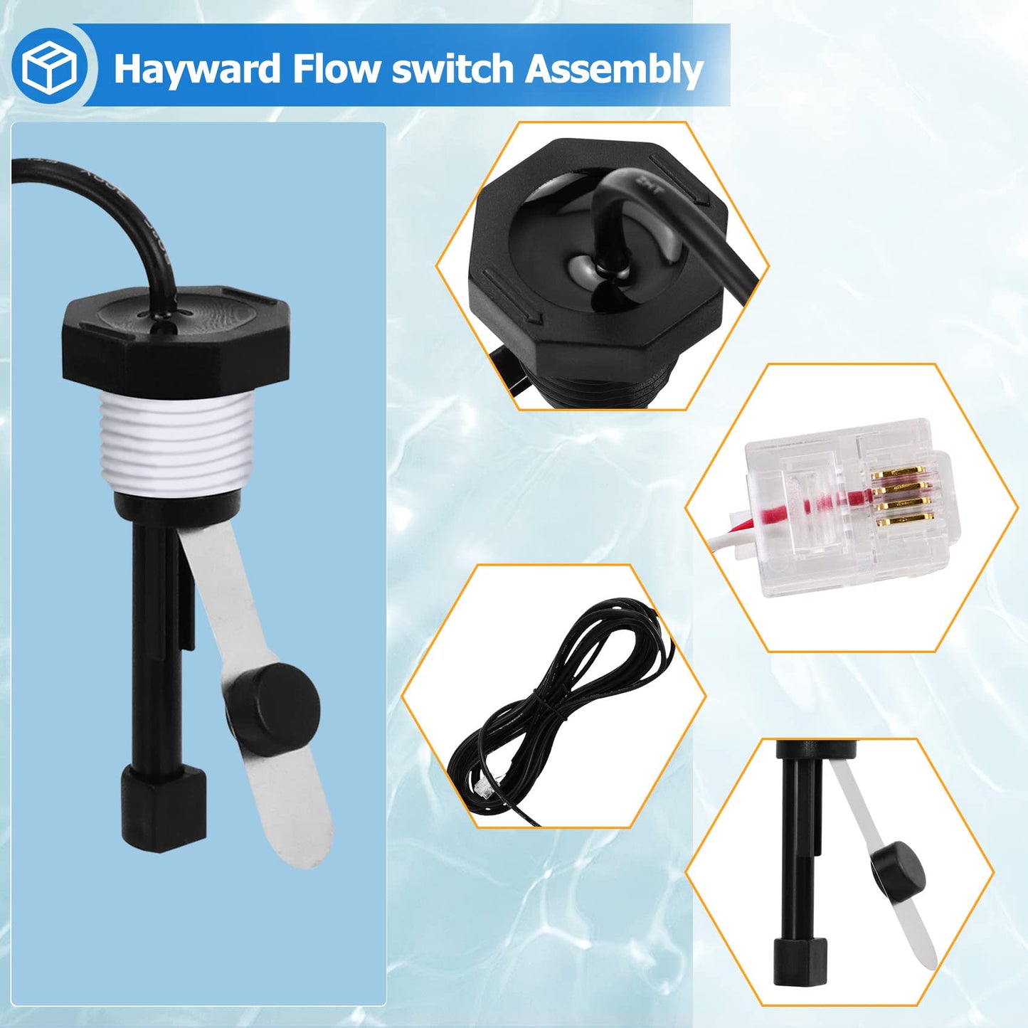 Cooouds GLX-FLO-RP Flow Switch Assembly for All Hayward Goldline Aquarite Salt Systems, Metal Induction Structure Pool Flow Sensor Suitable Hayward Salt Cell & Chlorine Generator with 15-Feet Cable