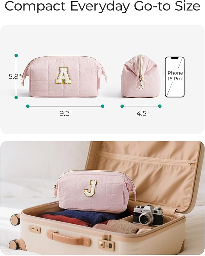 BAGSMART Birthday Gifts Personalized Initial Makeup Bag, Trendy Stuff Gifts for Women Bridesmaid Graduation, Puffy Padded Make Up Bags for Women, Wide-open Toiletry Bag, Pink K