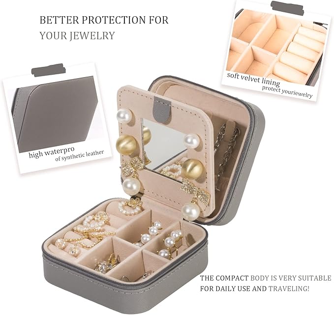 KElofoN Travel jewelry case Travel jewelry box Travel Jewelry Organizer Small Jewelry Organizer Box Gift for Girls Women with Mirror(Grey)