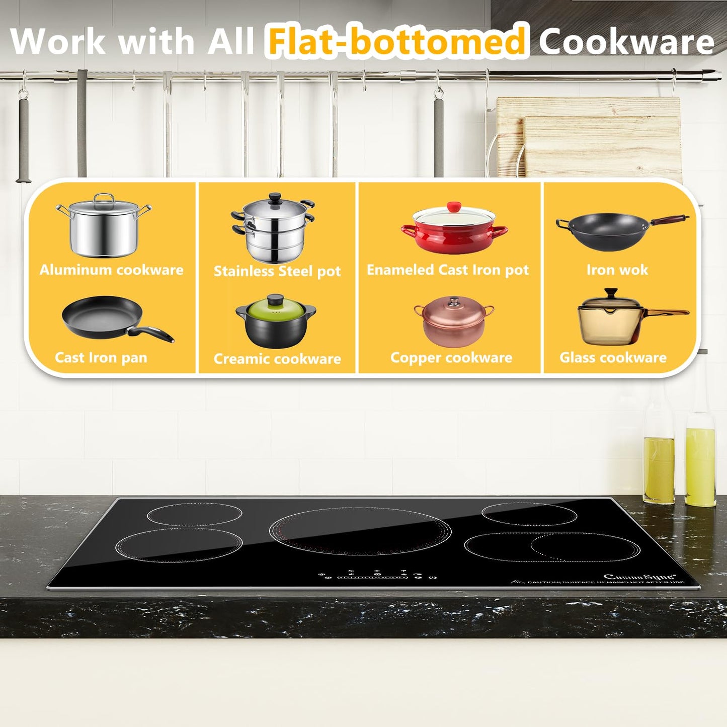 36 Inch Electric Cooktop 5 Burner, 9200W Built-In Ceramic Radiant Stove Top, 240V Hardwired, Works with All Cookware, Touch Control, Timer, Child Lock, Easy Clean Glass Surface