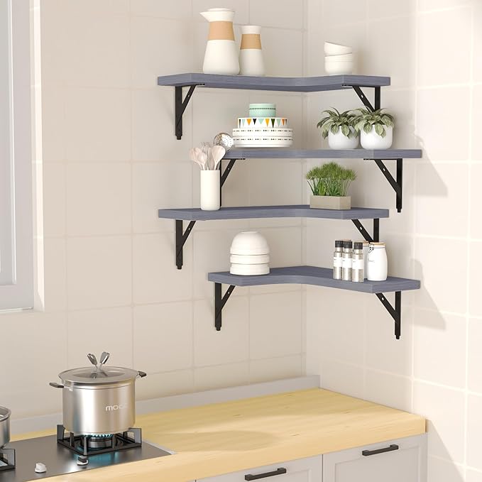 ROMGUAR CRAFT Corner Floating Shelves Wall Mounted Set of 4, Rustic Wood Storage Display Shelves for Home Decor, Bathroom, Kitchen, Bedroom, Living Room, Office (Grey)