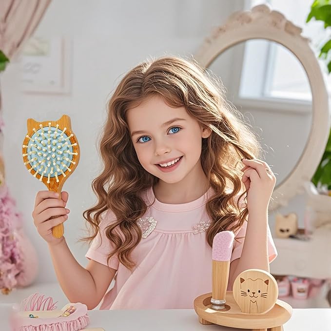 Cute Cat Shape Blue Mini Bamboo Hair Brush - Kids Travel Hairbrush with Air Cushion, Anti-Frizz Detangler for Girls (Adorable Kitten Design)