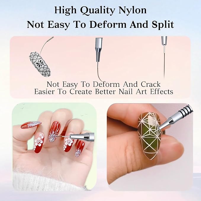 5pcs Nail Art Liner Brushes,Liner Brush Set,Liner Brush For Nails Gel,Painting Art Design Brush Set Nail Dotting Drawing Tool For Long Lines, Thin Details, Fine Drawing Sizes 7/9/11/20/25mm (Silver)