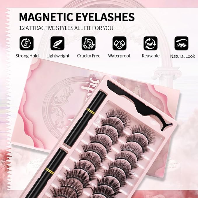 Magnetic Eyelashes Natural Look, 12 Pairs Magnetic Lashes No Glue, Reusable False Eyelashes with Tweezers