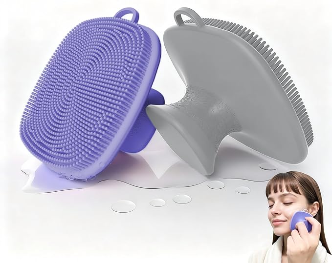 2 Pack Face Scrubber,Silicone Facial Cleansing Brush for Men & Women,Reusable Gentle Facial Waterproof Cleansing Skin Brush Exfoliating Scrubber for Sensitive Skin (Gray+Purple)