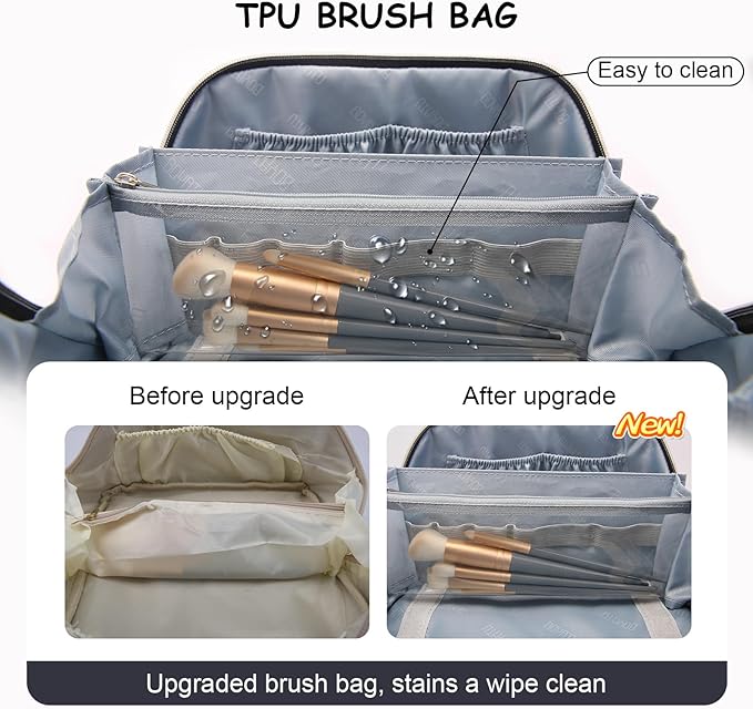 BOYATU Travel Makeup Bag Organizer Cosmetic Bag: 3 Pcs Set Make up Bags for Women with Handle - Waterproof Vegan Leather Toiletry Bags Travel Essentials Pouch with Compartments (03-A-Dark Blue)