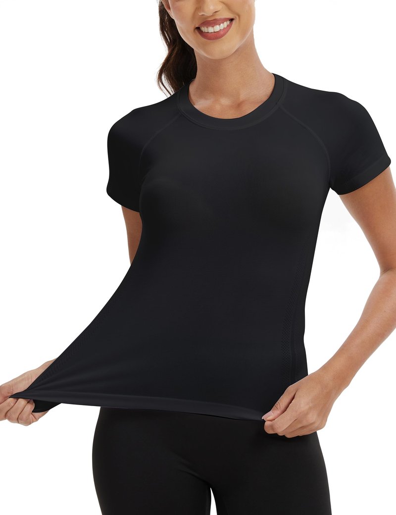 Nyvalle Workout Tops for Women Hip Length Athletic Running Gym Yoga Short Sleeve Shirts Seamless Breathable Crewneck Tees Black