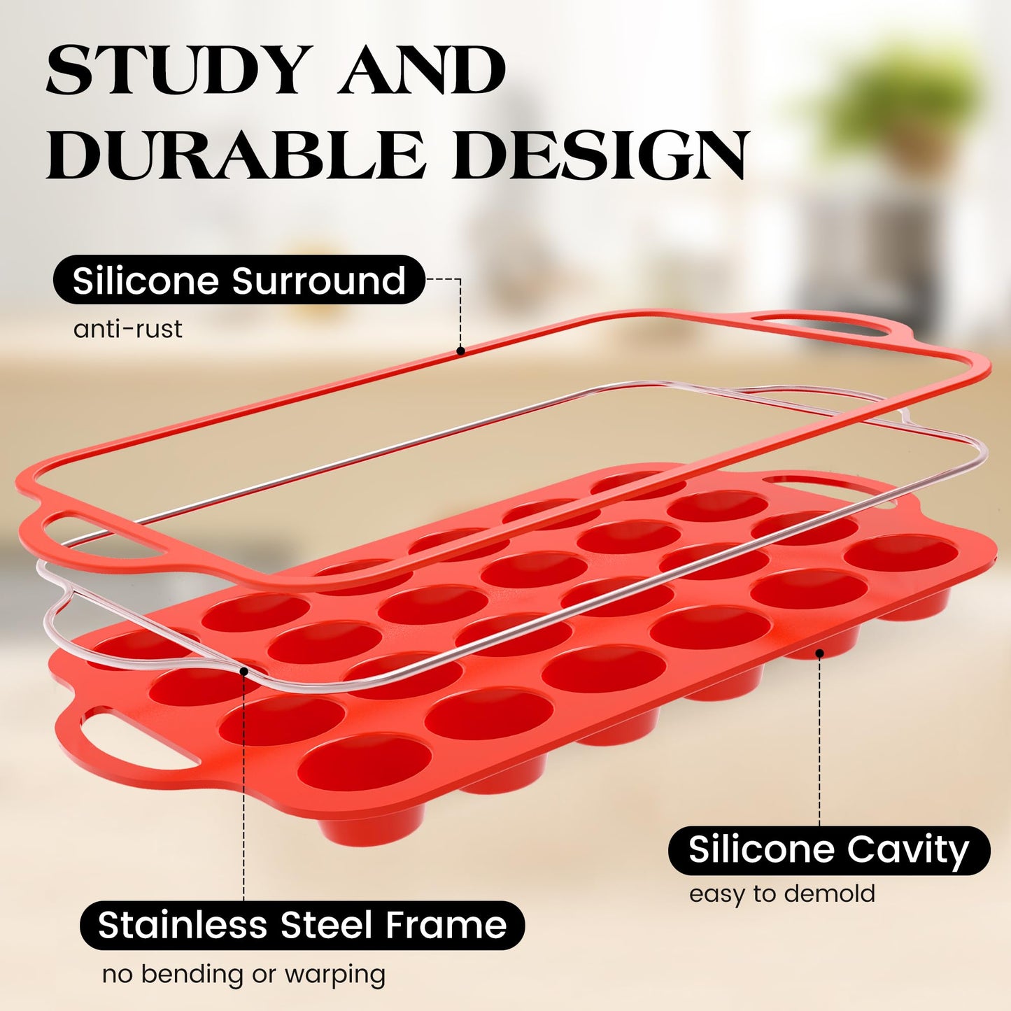 AOTASO Silicone Mini Muffin Pan With Stainless Steel Reinforced Frame 24 Cups Nonstick Cupcake Molds for Baking Silicone Muffin Tray with Handles(2 Pcs, Red)