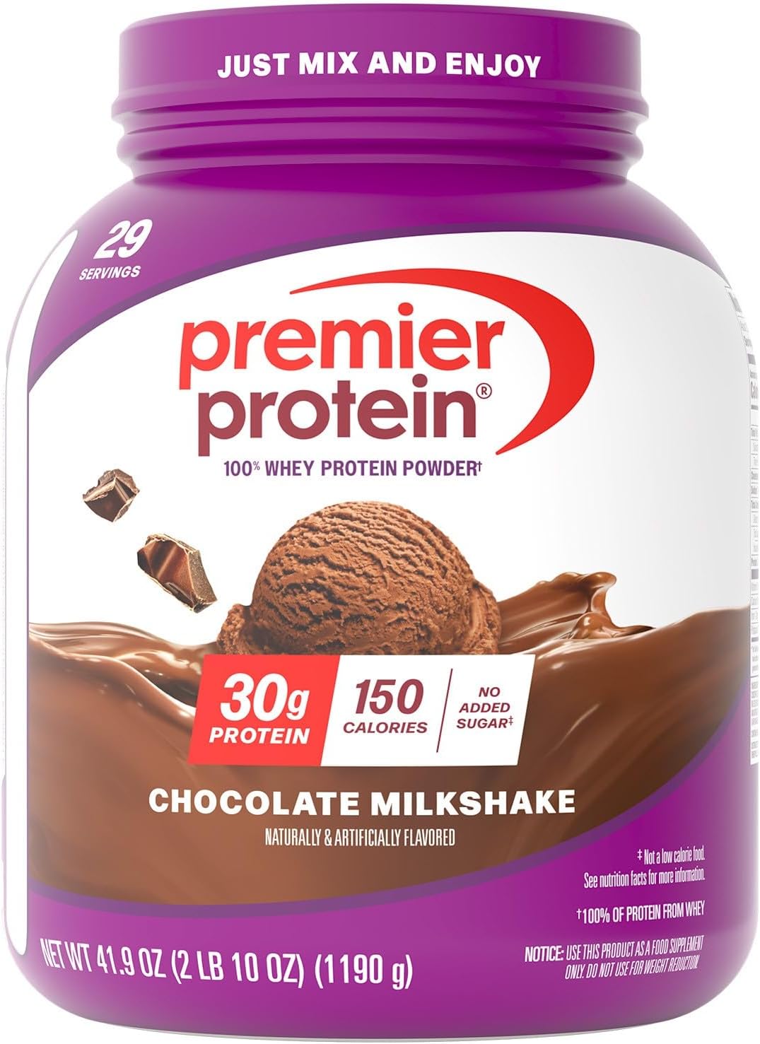 Premier Protein Powder, Chocolate Milkshake, 30g Protein, 1g Sugar, No Soy, Gluten Free, 41.9oz (29 Servings)