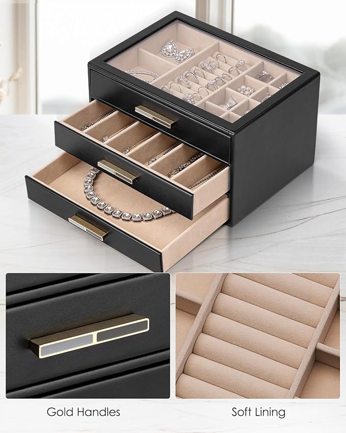Vlando Jewelry Box for Women, Glass Lid Jewelry Organizer with 3 Drawers for Necklaces Rings Earrings Bracelets - Black