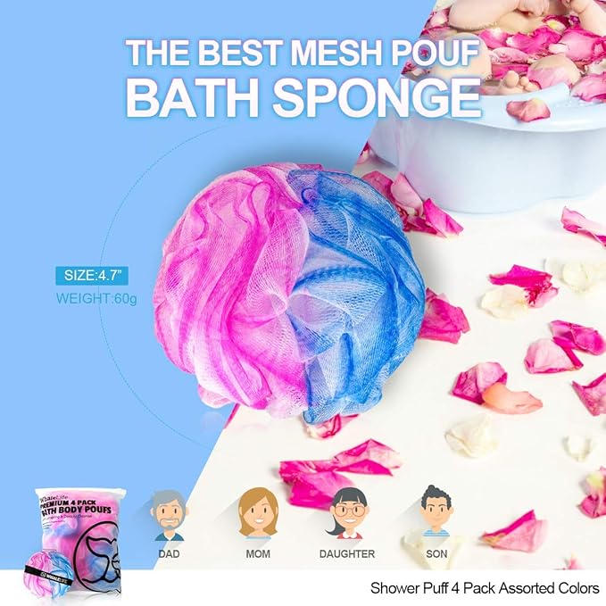 Loofah Sponge Bath Sponge for Women Men 4 Pack (Blue Pink Conbine)