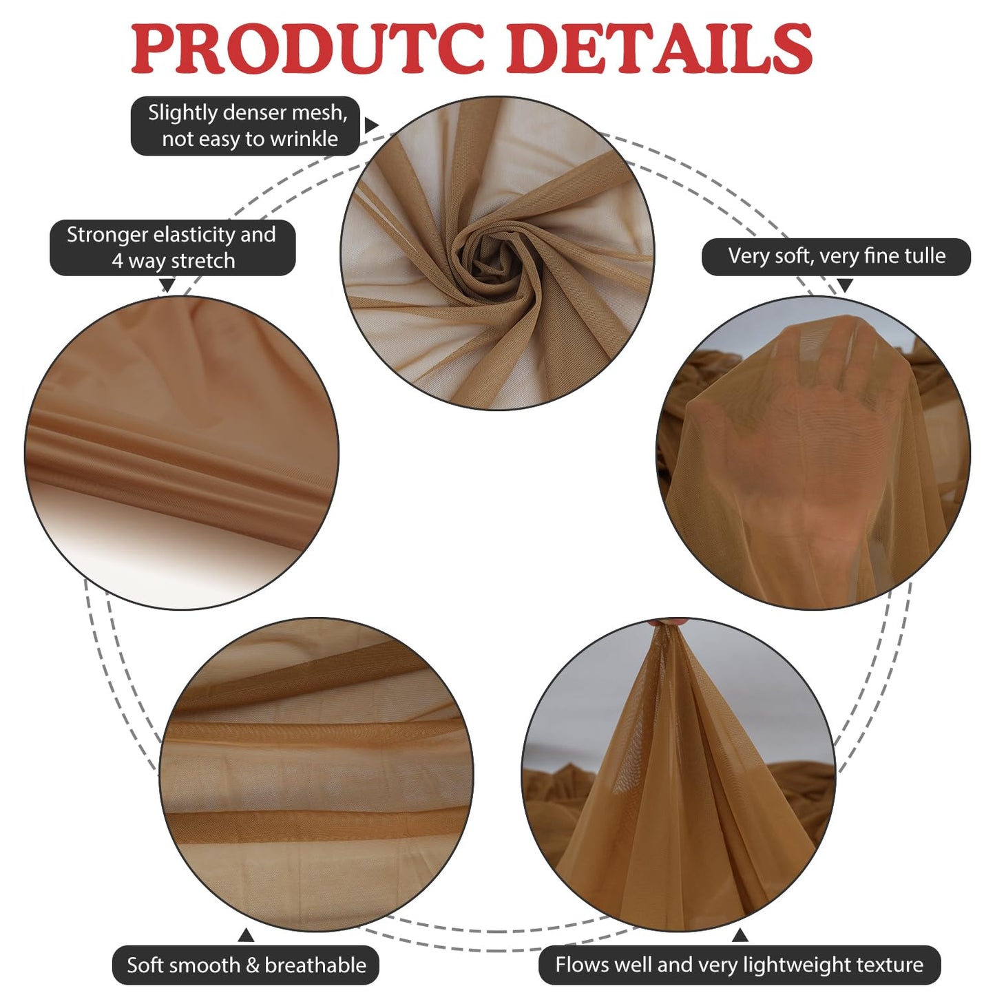Power Mesh Fabric Superfine 4-Way Stretch Net Fabric Nylon Spandex Sheer Mesh, 2 Yards Long 60" Wide (Dark Nude)