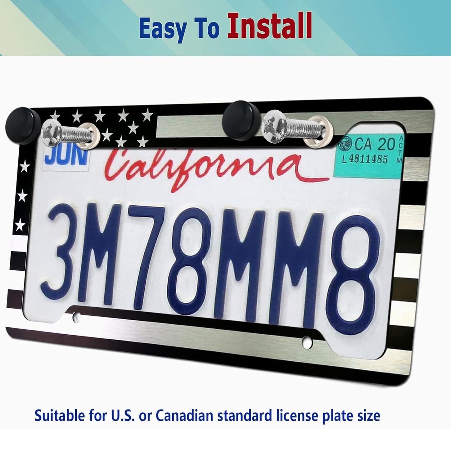 BGGTMO Black American Flag License Plate Frames- 2 Pack Front Rear Patriotic USA Stars and Stripes Aluminum Car Tag Holder with Screws