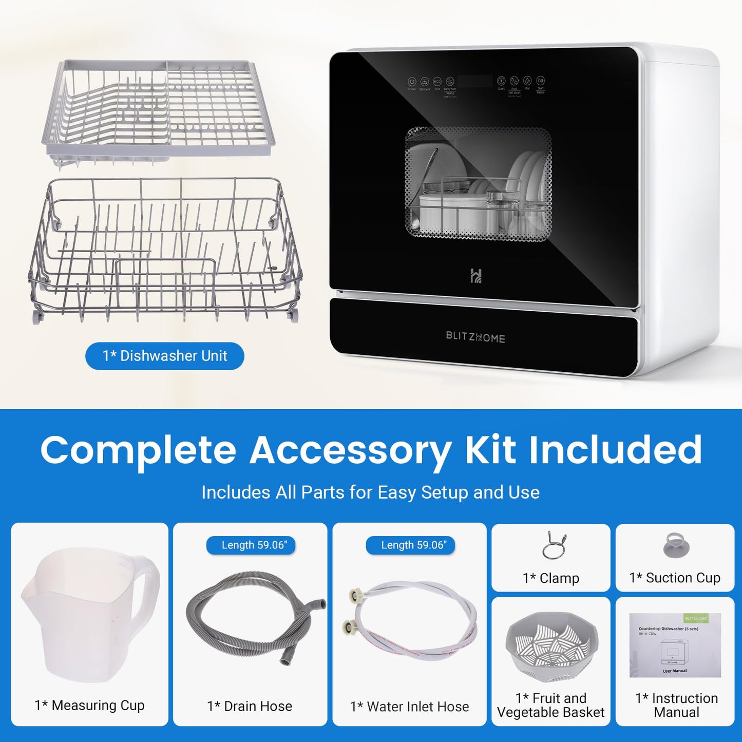 BLITZHOME Countertop Portable Mini Dishwasher, 9 Programs,167℉ High-Temp, Hot Air Drying, Air Refresh, 360° 3 Spray, 24H Timing, LED Light, 5.2L Built-in Water Tank for Apartments RVs