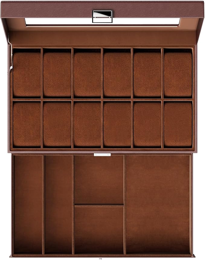 ProCase Watch Box, 12 Slot Mens Watch Case With Drawer, 2-Layer Watch Display Case With Glass Lid, Mens Jewelry Box Storage Holder Organizer, Birthday Valentine Gifts for Men -12Slot, Espresso