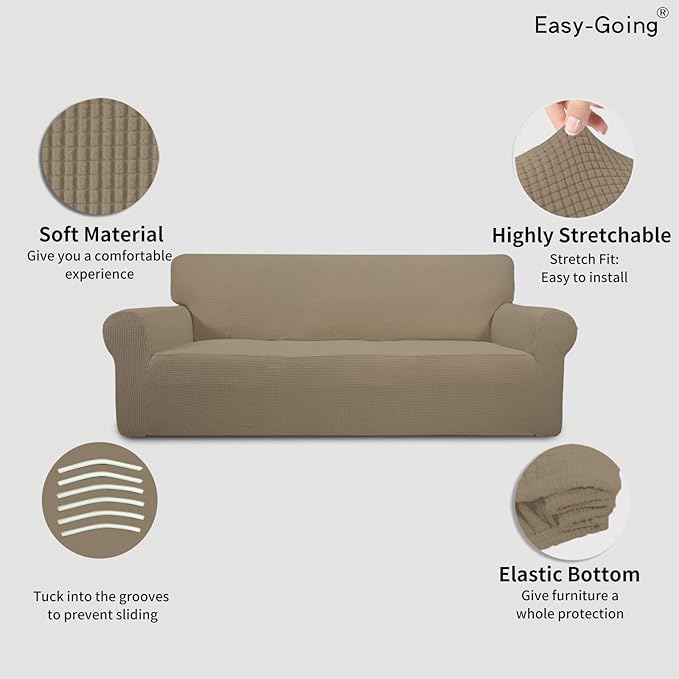 Easy-Going Stretch Oversized Sofa Slipcover 1-Piece Sofa Cover Furniture Protector Couch Soft with Elastic Bottom for Kids, Polyester Spandex Jacquard Fabric Small Checks Natural