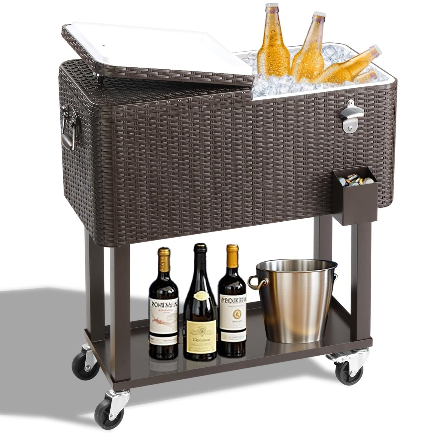 Outvita 80 Quart Rolling Ice Chest, Portable Bar Drink Cooler with Catch Basin, Bottom Storage Tray and Bottle Opener for Patio Party BBQ Beach Activities (Rattan)