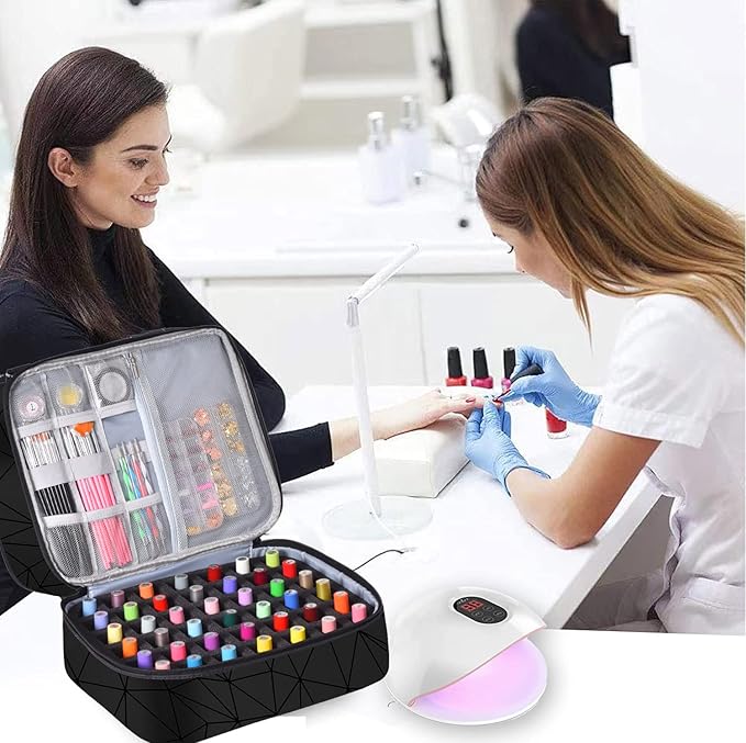Nail Polish Organizer Case - Holds 42+ Bottles (15ml/0.5 fl.oz) and 1 Nail Lamp, Upgraded Double-layer Nail Polish Carrying Case Nail Storage Bag with Handles (Black)