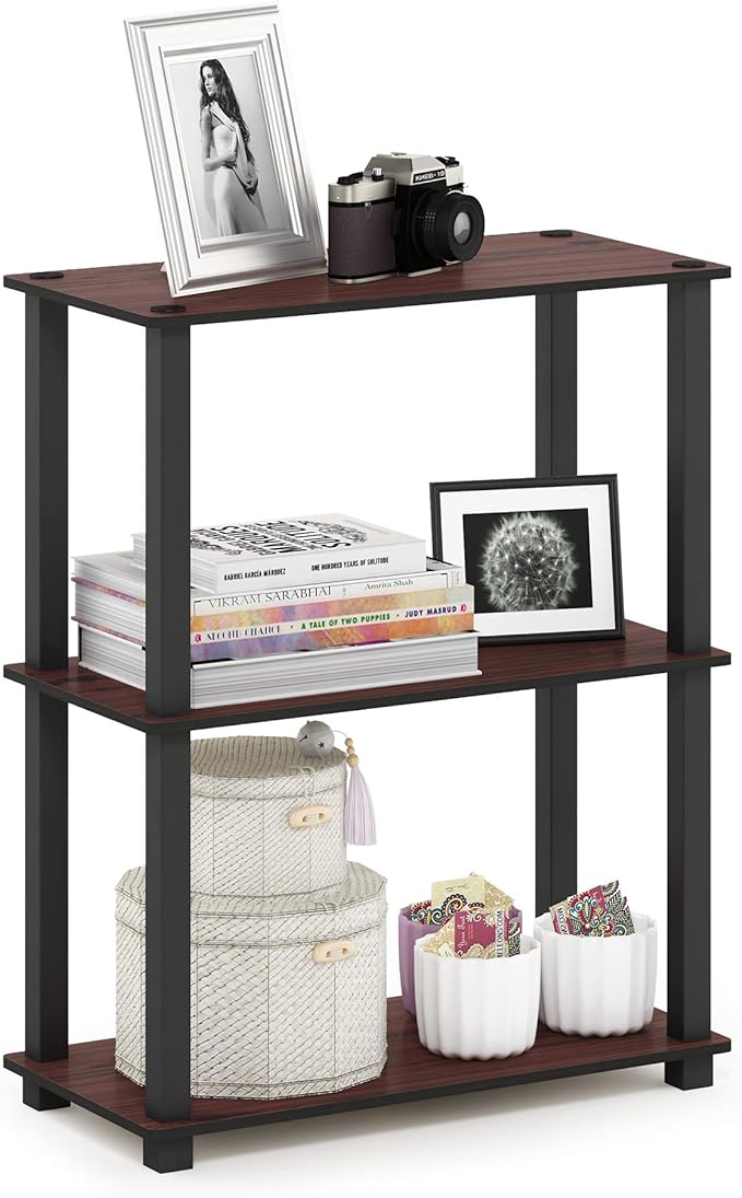Furinno TURN-S-TUBE Storage Shelves, 3-Tier Book Shelf, Corner Shelf, Toolless Open Shelves, for Organization and Storage, Living Room, Garage, Home Office, Dark Cherry