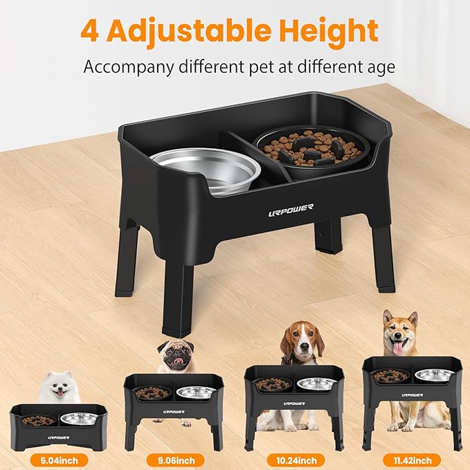 URPOWER Mess Proof Slow Feeder Dog Bowls 4 Height Adjustable Elevated Bowl Stand with 2 Stainless Steel Dog Bowls and 1 Slow Feeder Non-Slip Food and Water Bowl Set for Small and Medium Dogs