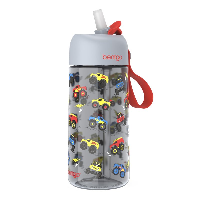 Bentgo Kids Water Bottle - Leak-Proof, Durable Tritan PFAS- & BPA-Free 15 fl oz, Kids/Toddlers Ages 3+ for School & Sports; Bite & Sip Spout, Carrying Handle, Dishwasher Safe (Trucks)