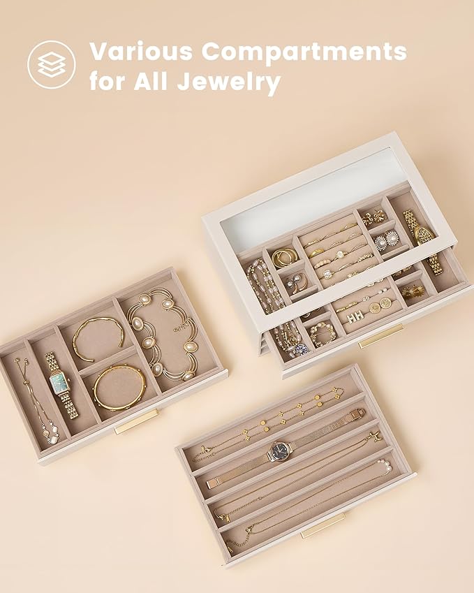 Lolalet Jewelry Box Organizer, 3-Layer Jewelry Organizers and Storage Case with Glass Lid, Ring Earring Bracelet Necklace Holder Organizer, Birthday Valentine Gifts for Women Girls -3Layer, Beige