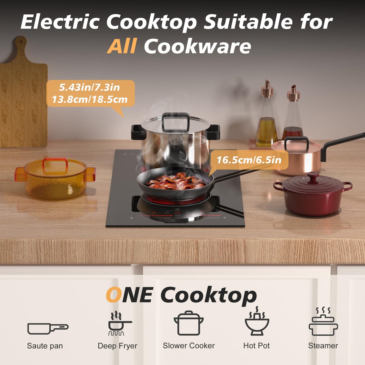 Karienvir 2 Burner Electric Cooktop 220V-240V, 12 Inch Electric Stove Built-in, 9 Power Levels Sliding Control, Electric Cooktop with Timer, Safety Lock, Extended Zone, 3200W, Hard Wire(No Plug)
