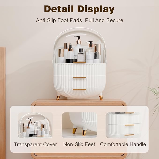 lurcns Makeup Organizers and Storage Make up Organizer for Vanity Cosmetics Skincare With Lid and Drawers Display Cases for Countertop Bathroom Women Teenager Girl Gifts(White+Brush Holder)