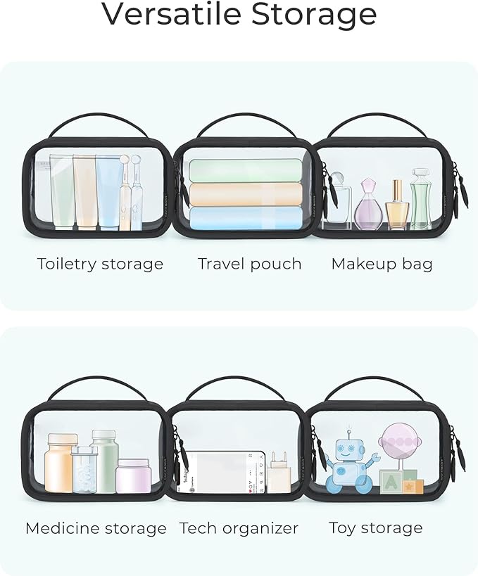 BAGSMART Double Layer Clear Makeup Bag, TSA-Approved Toiletry Bag, Large Opening with Handle, Cute Water-Resistant Travel Cosmetic Bag with Double Zipper for Car Essentials(Pink)
