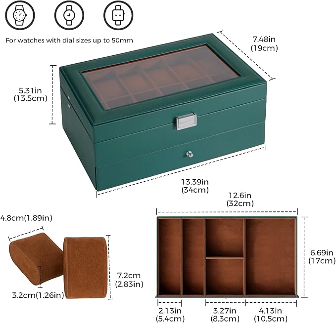 ProCase Watch Box, 12 Slot Mens Watch Case With Drawer, 2-Layer Watch Display Case With Glass Lid, Mens Jewelry Box Storage Holder Organizer, Birthday Valentine Gifts for Men -12Slot, MidnightGreen