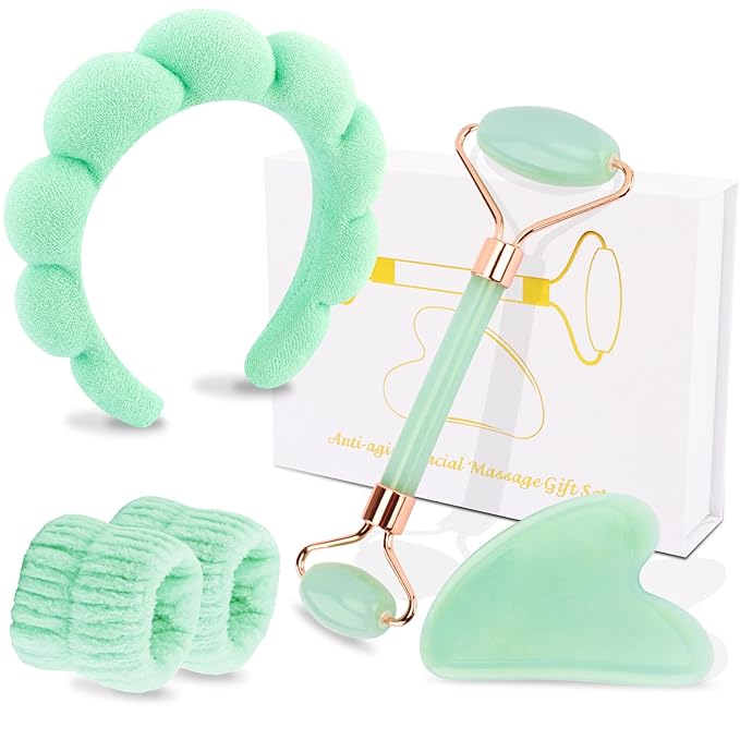 Chanaco Spa Headband and Wristbands for Women Gua Sha & Jade Roller Facial Tools Skincare Headband for Washing Face Makeup Fash Wash Hairband Teen Girl Trendy Stuff