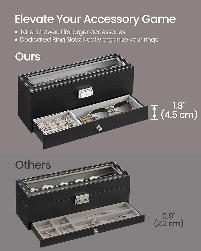 SONGMICS Watch Box, 6-Slot Watch Case Organizer with Large Glass Lid, 2 Layers, Removable Pillows, Metal Lock, Gift for Loved Ones, Black Synthetic Leather, Gray Lining UJWB060G01