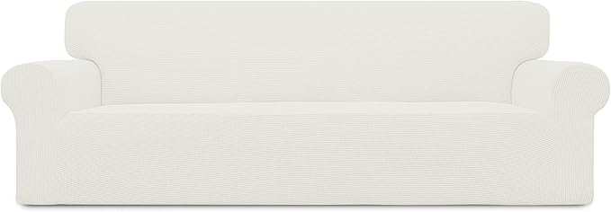 Easy-Going Stretch 4 Seater Sofa Slipcover 1-Piece Sofa Cover Furniture Protector Couch Soft with Elastic Bottom for Kids, Polyester Spandex Jacquard Fabric Small Checks Cream