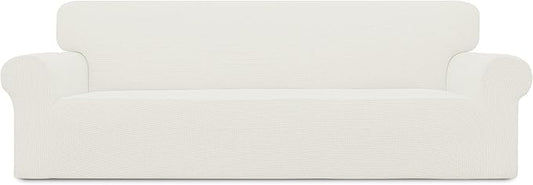 Easy-Going Stretch 4 Seater Sofa Slipcover 1-Piece Sofa Cover Furniture Protector Couch Soft with Elastic Bottom for Kids, Polyester Spandex Jacquard Fabric Small Checks Cream