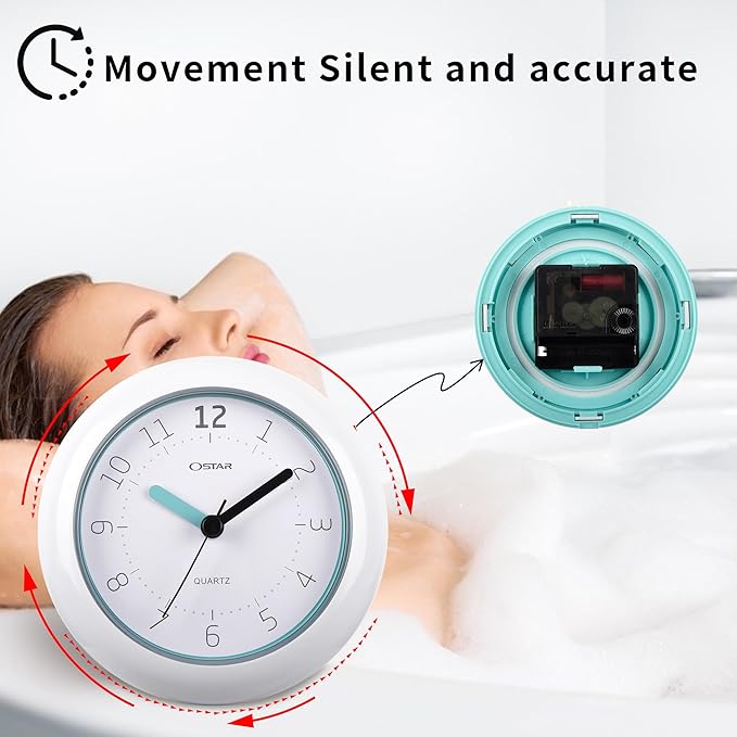OSTAR Waterproof Bathroom Shower Clock, Analog Quartz Clock Hanging Stand Dual Purpose, One AA Battery Operated 4.72 inch Round Size