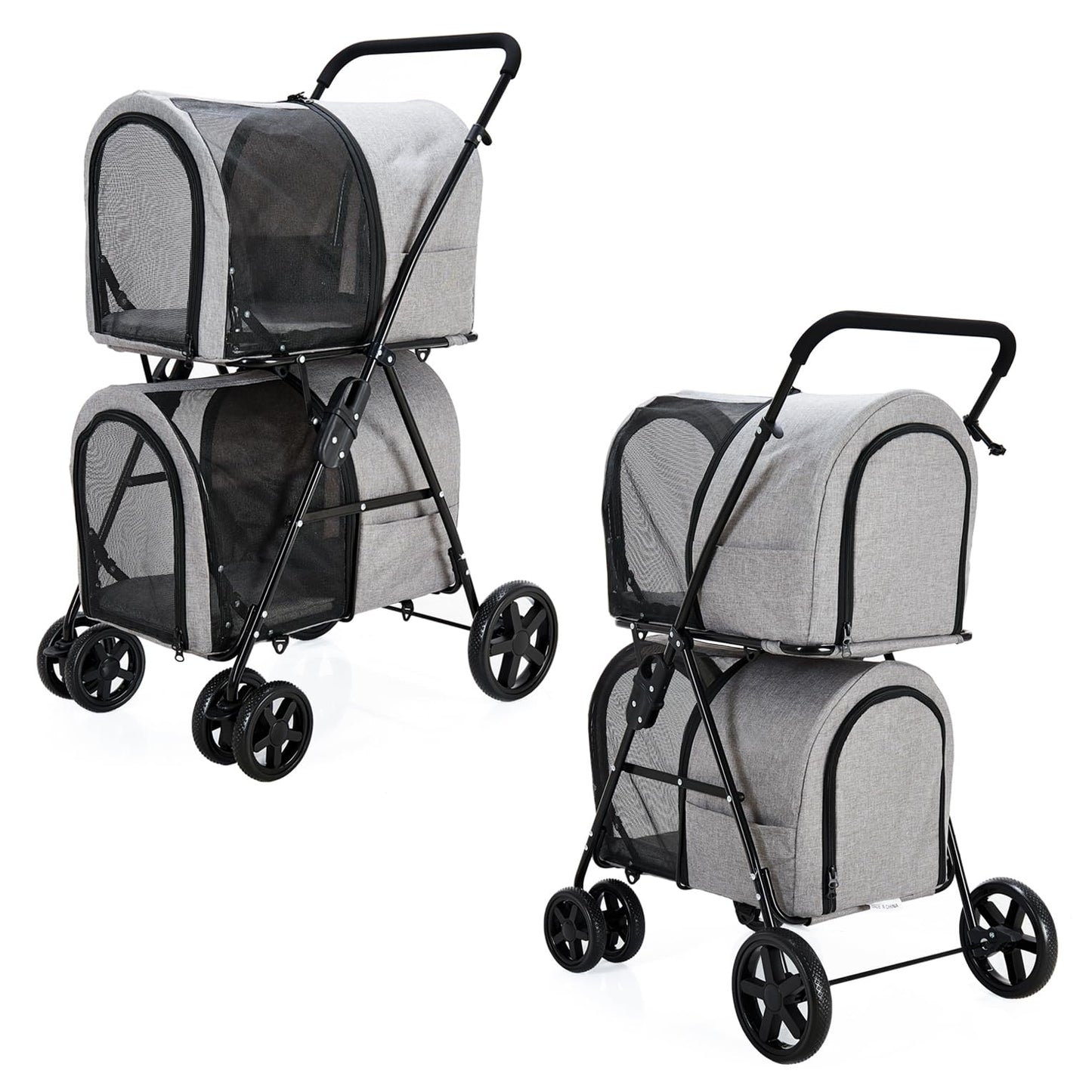 LPOTIUS Double Pet Stroller for Dogs and Cats with 2 Detachable Carrier, Quick-Folding Dog Stroller for Medium Small Dogs Cats, 4 Wheels, Light Gray