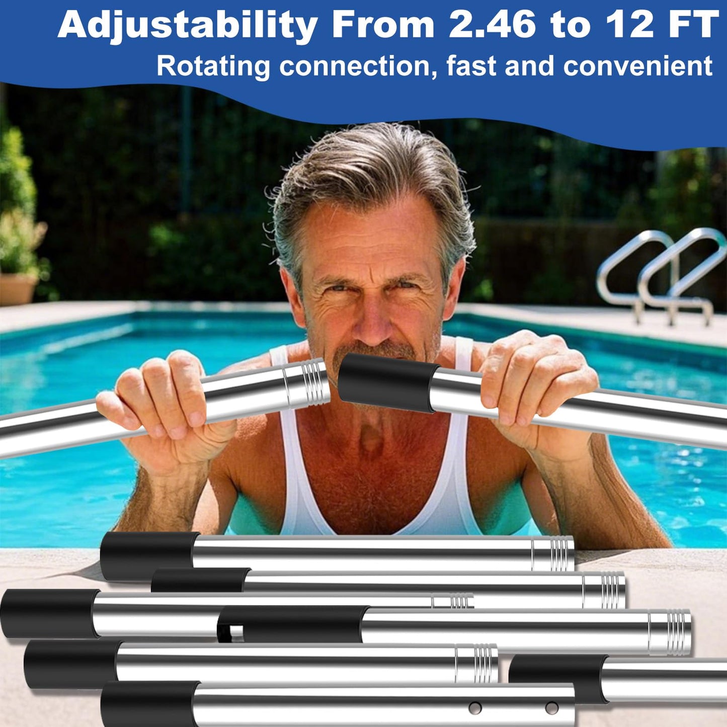 QNFANN Pool Pole Telescopic 12 Ft Heavy Duty, Professional Adjustable Stainless Steel Swimming Pool Pole for Skimmer Net, Brush, Vacuum Head, Strong Grip & Lock, Pool Cleaning Pole, Pool Brush Pole