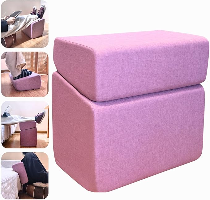 Purple Adjustable Foot Rest for Under Desk at Work – Ergonomic Linen Memory Foam Footrest Pillow with Breathable Washable Cover, DIY Height Adjustment for Office Chair, Gaming, Home & Travel Use