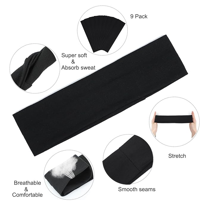 9Pcs Headbands for women Non Slip Headband, Soft Elastic Hair Bands for Women's Hair, Fashion Cotton Cloth Stretchy Sweat Bands Headbands for Sports, Makeup, Gym, Running, Yoga, Workout (Black)