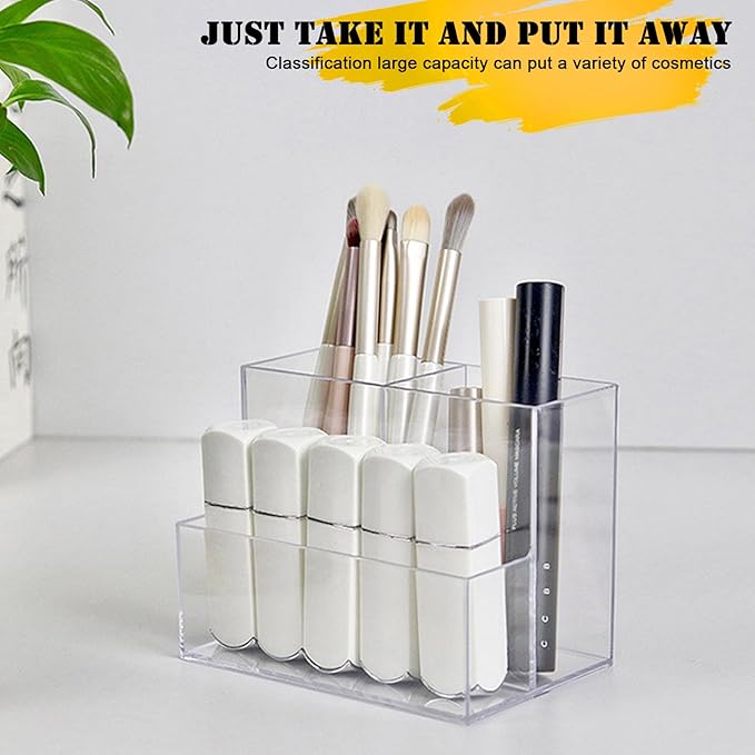 Cerpourt Clear Acrylic Makeup Brush Organizer,Multi-Purpose Cosmetic Brushes Storage Holder with 3 Slots,Pencil Pen Holder for Desk,Desk Organizer and Accessories for Vanity