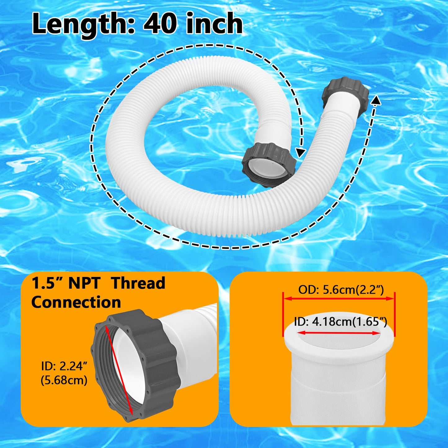 Boltigen 2Pcs 1.5'' Diameter Pool Sand Filter Pump Hose, 40inch Pool Pump Replacement Hose for Above Ground Pools, Flexible Water Pool Hose Set for Filter Pump and Saltwater Systems