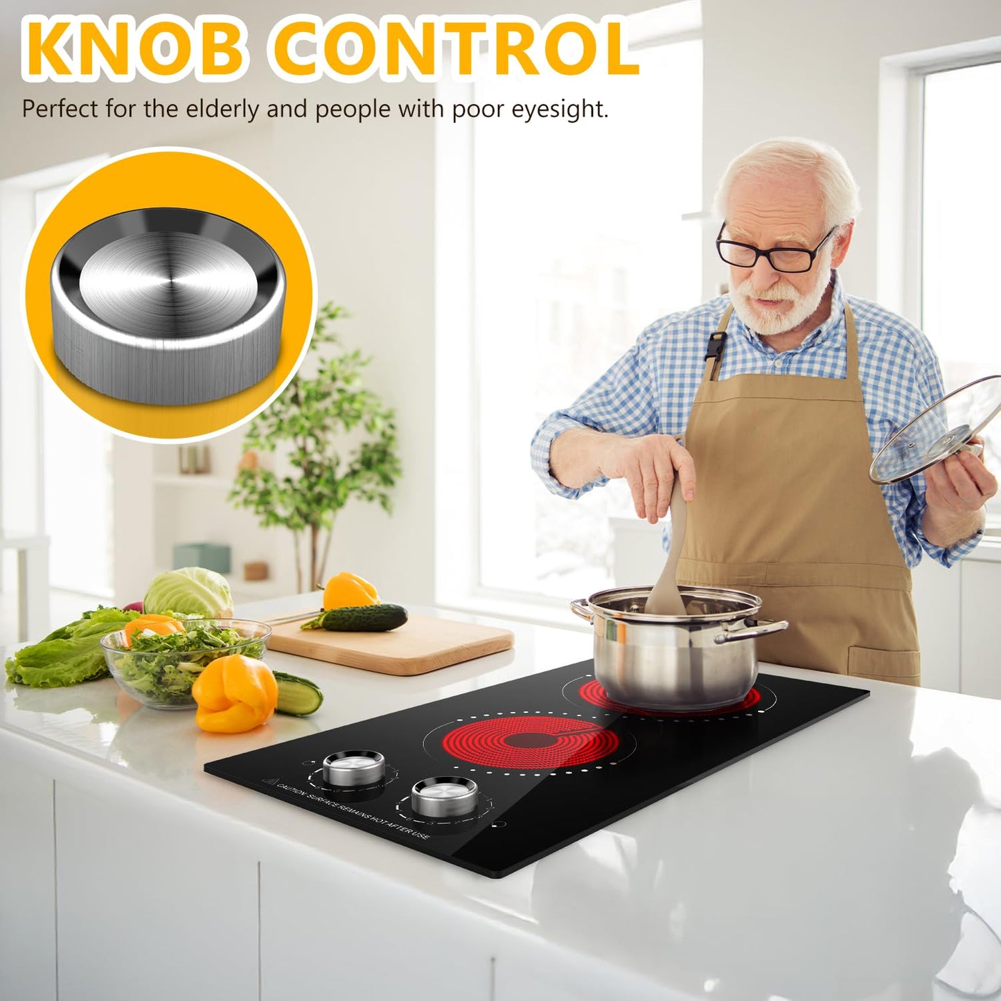 Cusinesync Portable Electric Cooktop 2 Burner 110V Plug in, 12 Inch 2000W Electric Stove Top with Knob Control, Countertop or Built-in Ceramic Hot Plate, for RV Dorm Apartment Kitchen Cooking