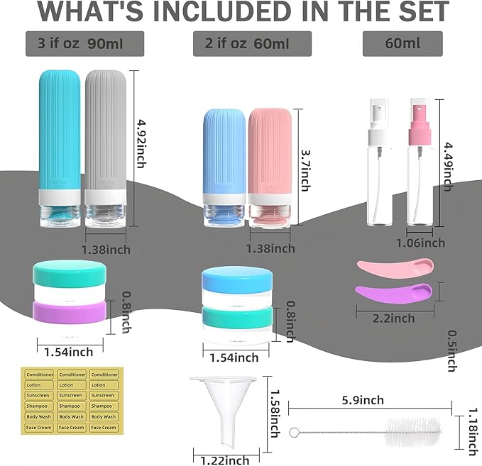 Vitog 16 Pack Travel Bottles Set, TSA Approved Silicone Toiletry Containers for Shampoo & Conditioner, Leak Proof Refillable Traveling Size Liquid Containers, Travel Essentials Toiletry Bottles