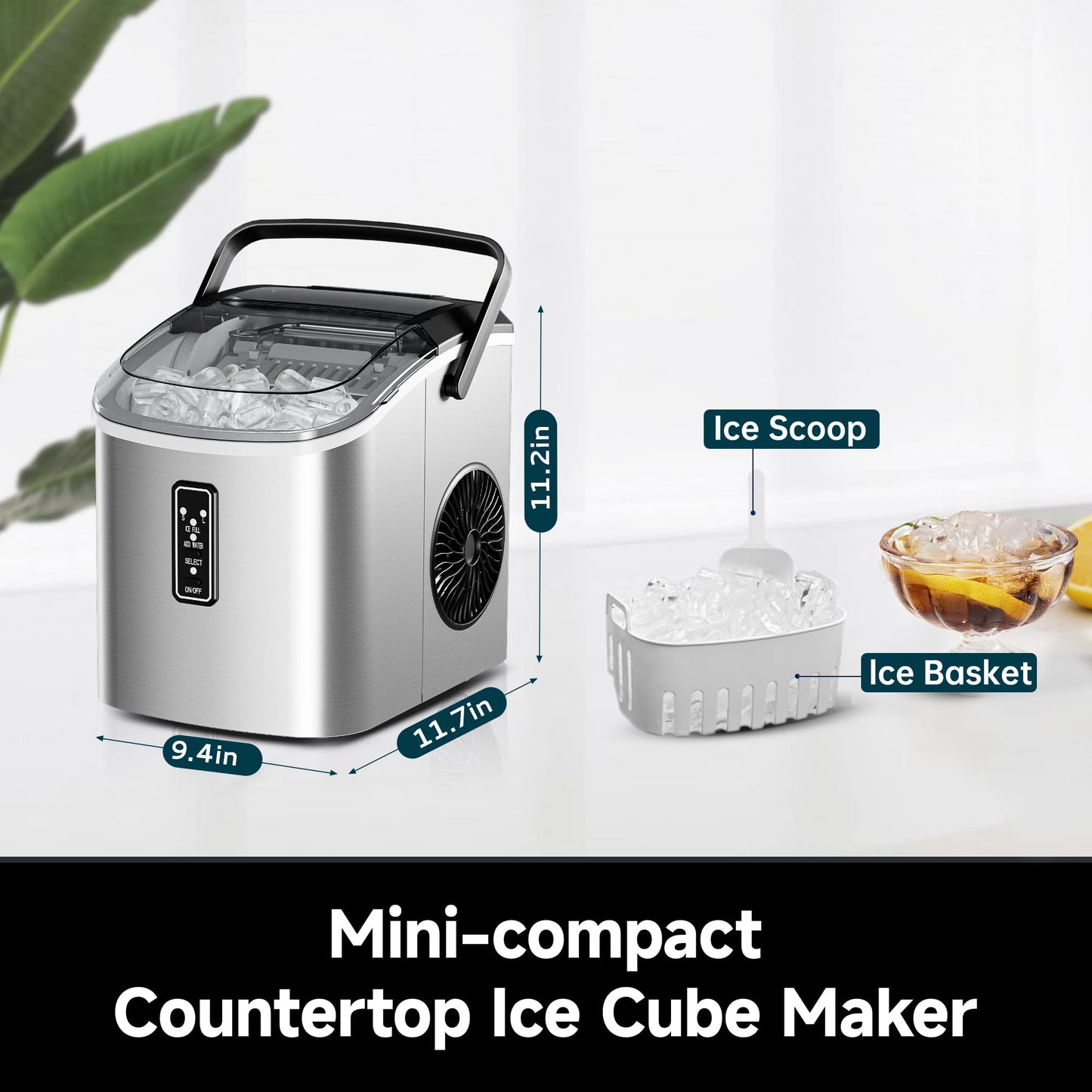 EUHOMY Ice Maker Countertop with Carry Handle, 9 Cubes Ready in 6 Mins, 26.5lbs/24H, Self-Cleaning, 2 Sizes of Bullet Ice with Basket and Scoop, Portable Ice Maker Machine for Home, Kitchen, Office